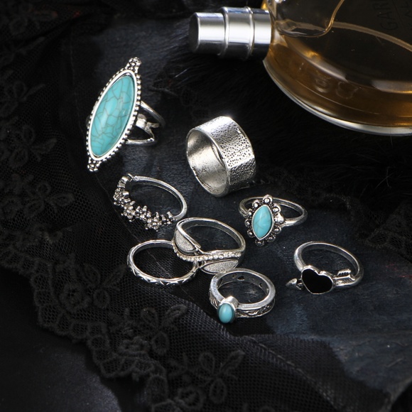 Bella Smyle Jewelry Rs3 8pcs Boho Silver Ring Set Turquoise Stones